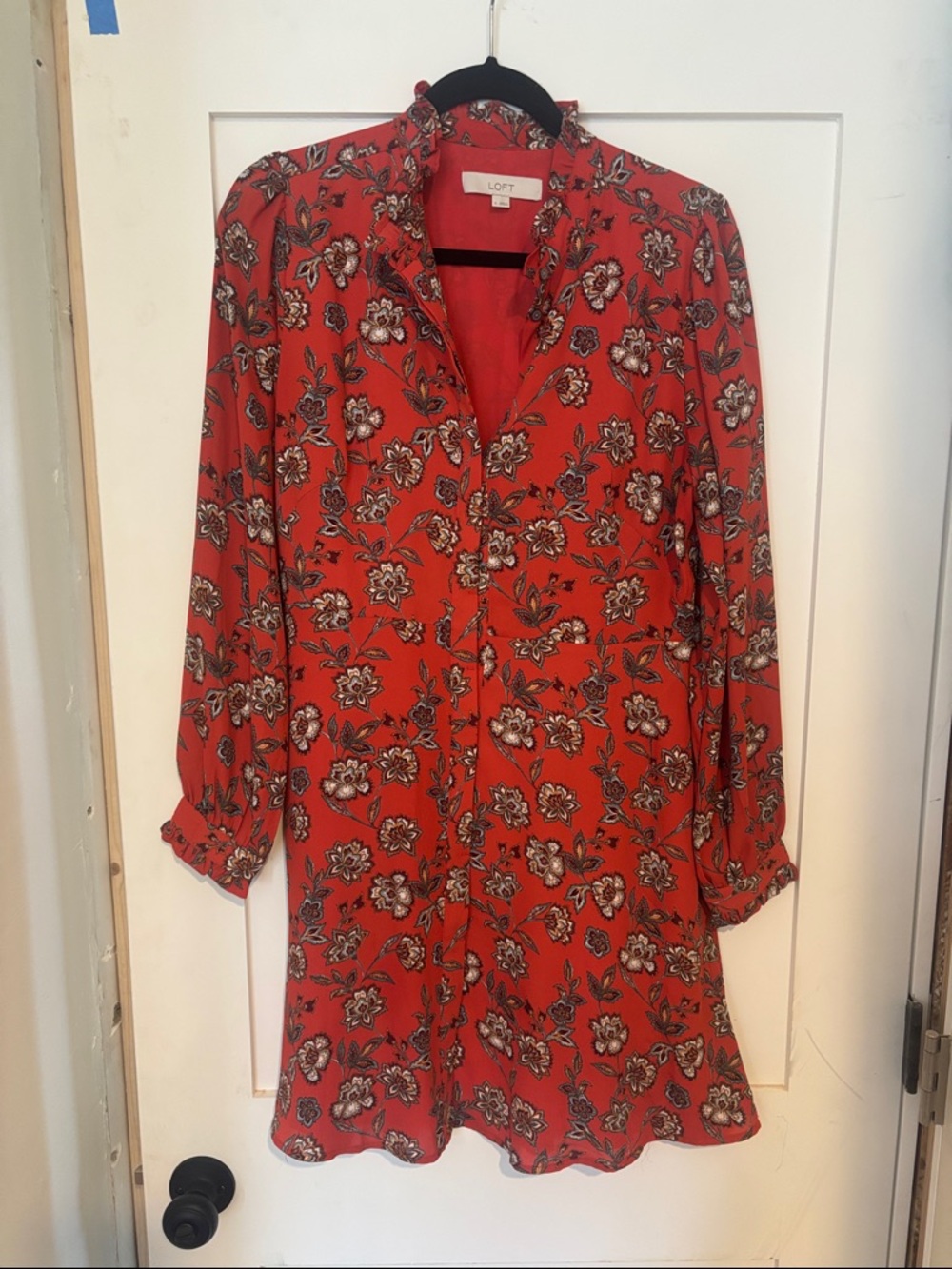 LOFT Red Floral Long Sleeve Ruffle Dress